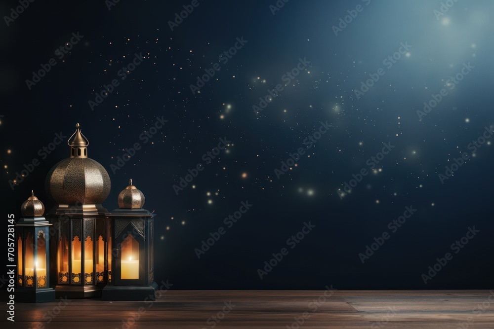 Fototapeta premium Islamic decoration background dedicated to Ramadan. Copy space. For postcards, commercial advertising and design