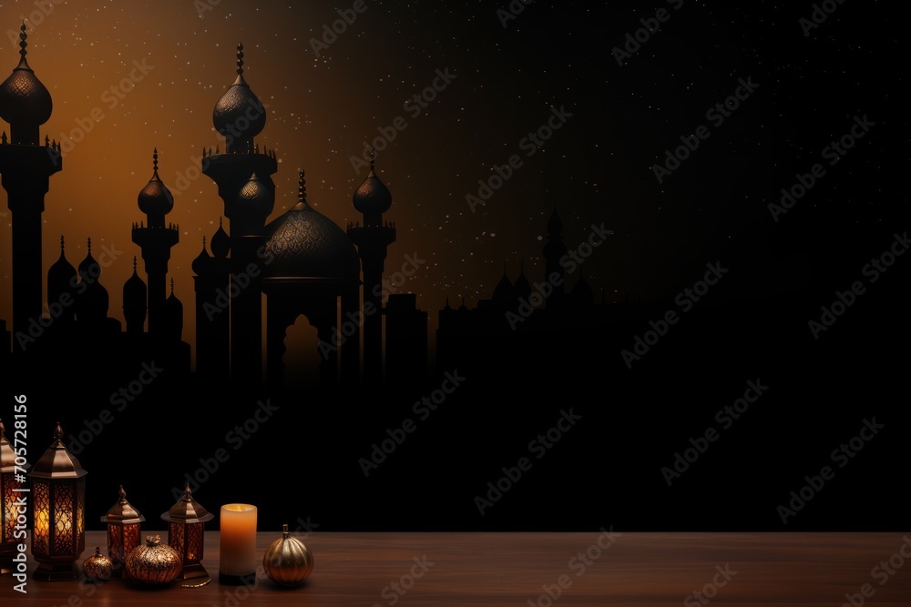 Islamic decoration background dedicated to Ramadan. Copy space. For postcards, commercial advertising and design