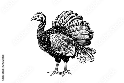 Black turkey engraved in retro style on white background. Hand drawn ink sketch.