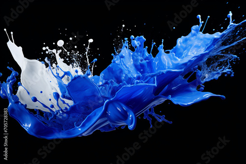 Splash of blue and white paint on black background photo