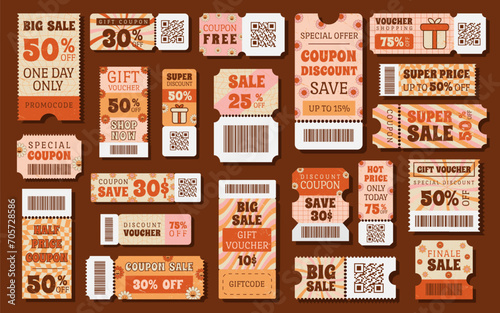Coupons groovy, retro, vintage. Coupons discount, gift vouchers. Various coupon promotion set.