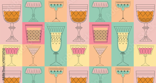 Geometric seamless pattern with alcoholic cocktails in glasses of different shapes. Drinks in different types of vintage glasses. Modern design for greeting cards, posters, wrapping, pack paper.