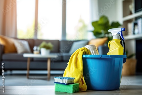 Residential cleaning company concept captured in photo with bucket, spray bottle, sponge, brush, and viscose rug against backdrop of a sleek apartment with modern interior design. Generated AI