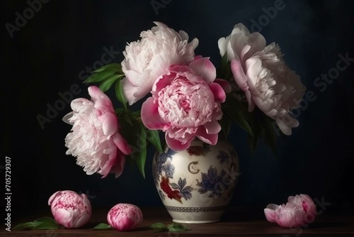 Oil painting of pink peony flowers in a white vase. Generative AI © Saira