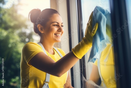 Cleaning Professional: A cheerful female worker, donned in uniform and gloves, wipes windows with a viscose rag in a sleek modern home. Generated AI photo