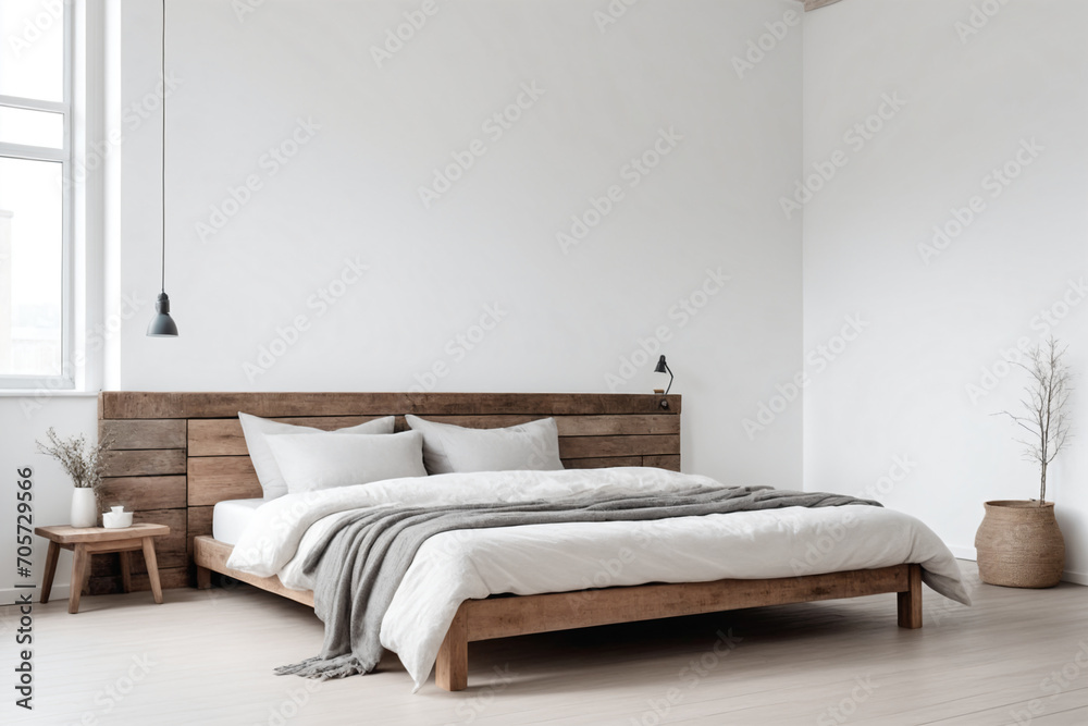 Rustic wooden bed against empty white wall with copy space. Scandinavian loft interior design of modern bedroom Rustic wooden bed against empty white wall with copy space. Scandinavian loft interior design of modern bedroom