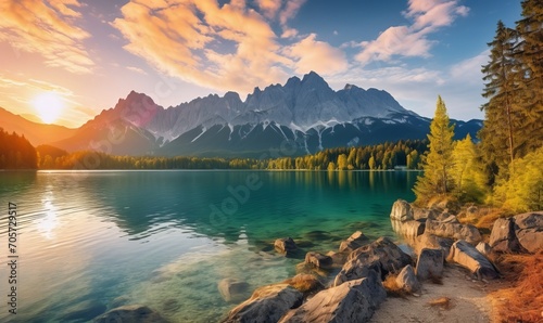 Stunning summer sunrise at eibsee lake with zugspitze mountain range in german alps, bavaria, germany. Breathtaking outdoor scene, nature's beauty in europe. photo