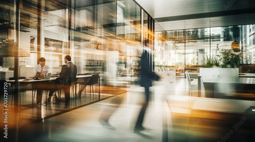 Blurred Office Space in the Heart of the City: Energetic Corporate Atmosphere with Dynamic Workday Motion Blurred Office Space in the Heart of the City: Energetic Corporate Atmosphere with Dynamic Workday Motion