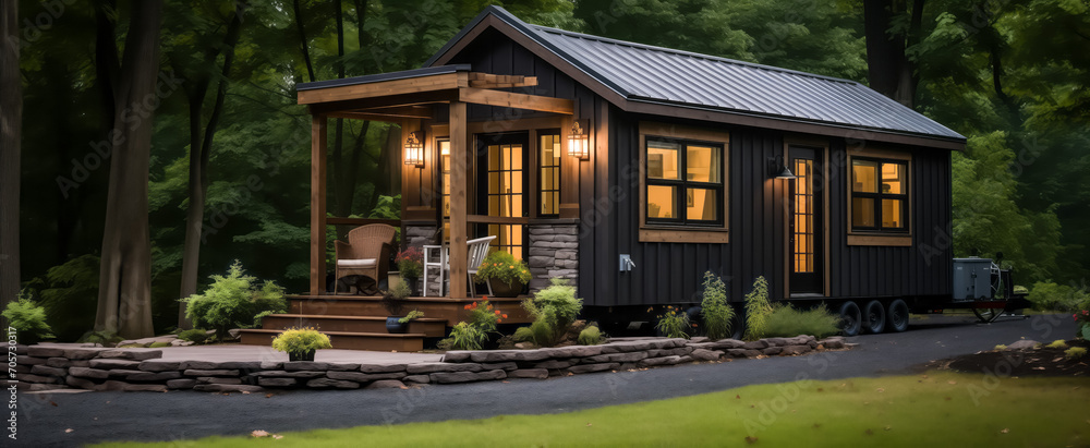Fototapeta premium Charming tiny house on wheels parked in lush green forest