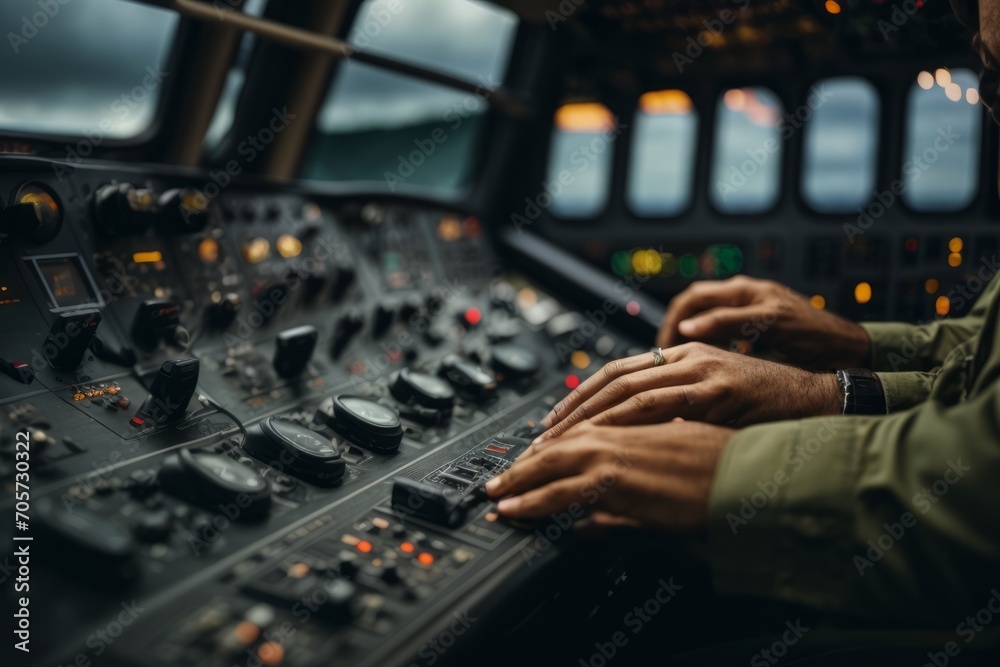Close-up of a man flying an airplane, hands on the dashboard in the ...
