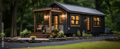 Charming tiny house on wheels parked in lush green forest photo