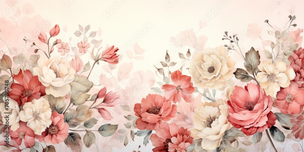 Flowers wallpaper, floral art design background with flowers bunch in watercolor style or artist vintage paint picture and botanical print - obrazy, fototapety, plakaty 