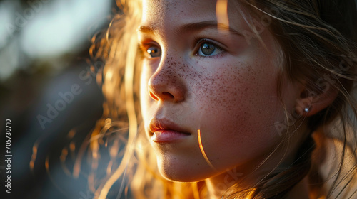 Close up portrait of young girl face with freckles and darkspots, looking sad with glowing sunlight from behind
