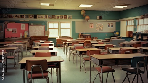Image of empty classroom without people and teacher. Chairs and desks in a row.