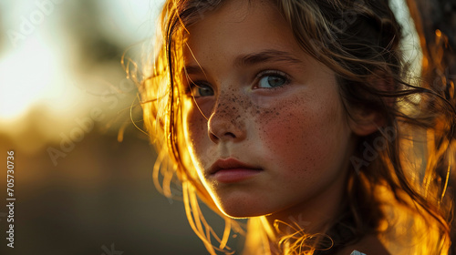 Close up portrait of young girl face with freckles and darkspots, looking sad with glowing sunlight from behind photo