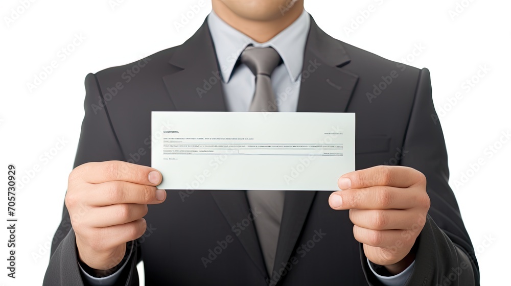 Man with business outfit holding blank check isolated over white background. Man with business outfit holding blank check isolated over white background.