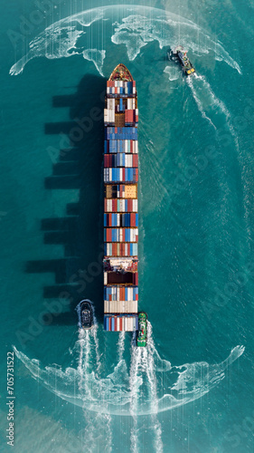 Aerial view container cargo ship maritime freight shipping by container cargo ship, Global business import export commercial trade logistic container cargo ship freight shipping.
