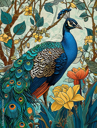 Vintage style peacock and wild flowers, exotic botanical vector wallpaper background