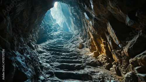 Cave interior with stairs leading to the light.