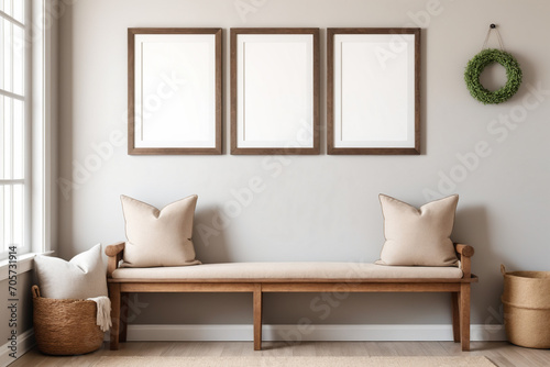 Wooden rustic bench with pillows against wall with two poster blank frames. Country farmhouse interior design of modern home entryway - Mockup