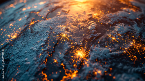 Frozen lake covered with snow at sunset, close-up.