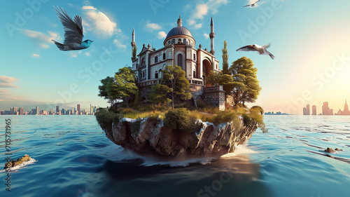 Fantasy island with a mosque on the water. photo