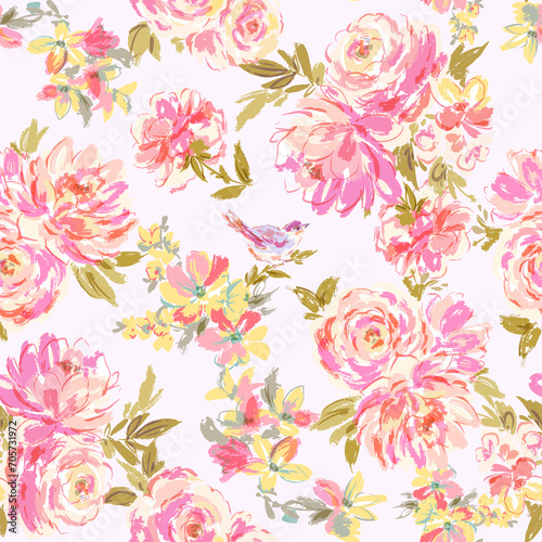 Wallpaper Mural ピンクのバラと草花、鳥のシームレスパターン Torontodigital.ca