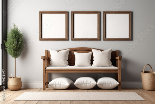 Wooden rustic bench with pillows against wall with two poster blank frames. Country farmhouse interior design of modern home entryway - Mockup