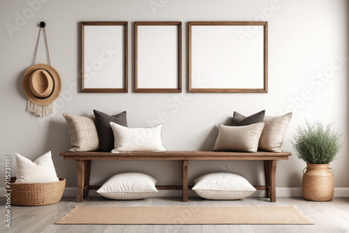 Wooden rustic bench with pillows against wall with two poster blank frames. Country farmhouse interior design of modern home entryway - Mockup