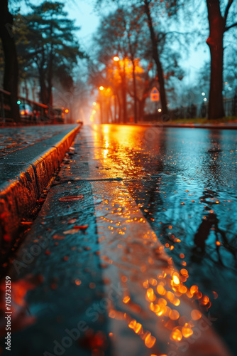 Wet asphalt road in the city at night. Selective focus