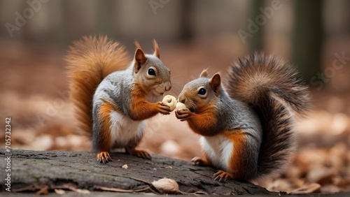 Squirrel Sweethearts in the Park, Squirrels sharing a snack in a park setting, generative AI