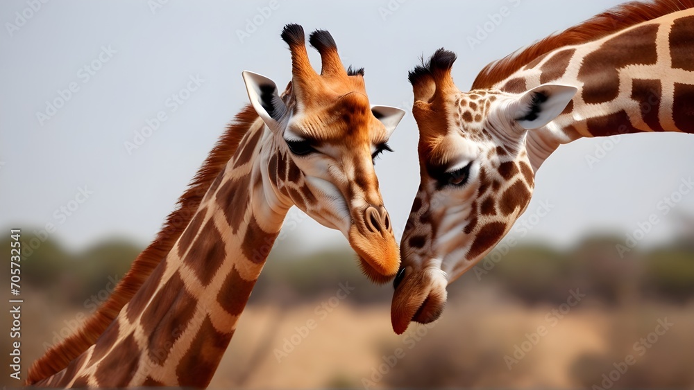 Obraz premium Giraffe Necking Affection, Giraffes sharing a tender moment with entwined necks, generative AI