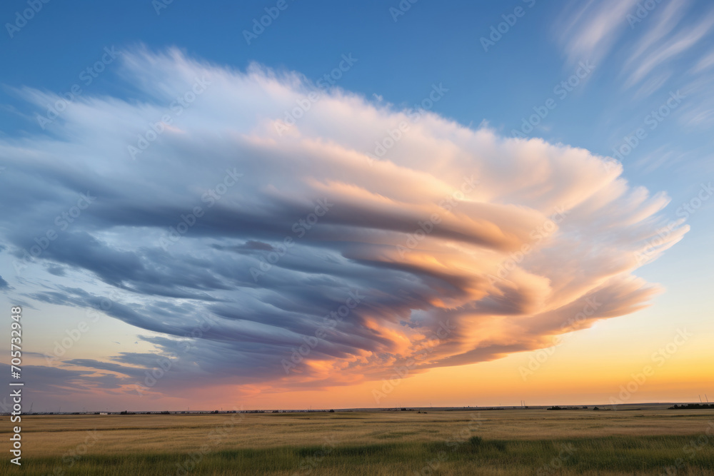Beautiful clouds in the form of a tornado against a sunset background
