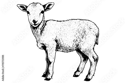 Cute sheep lamb hand drawn ink sketch. Engraved style vector illustration.