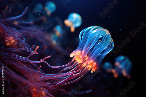 Underwater world in the ocean with glowing jellyfish and deep-sea amphibians