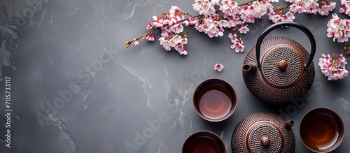 Black iron teapot and traditional ceramic cup of tea with blossom pink flowers cherry branch over gray texture background. Top view with space, Asian style.