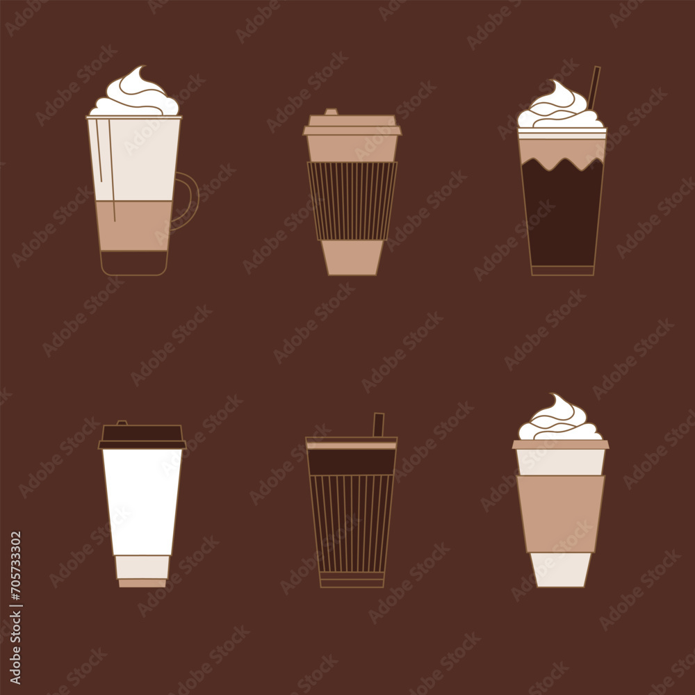 Set of different cups of coffee. Set Vector illustration. Isolated symbols for cafe, breakfast and drink design.