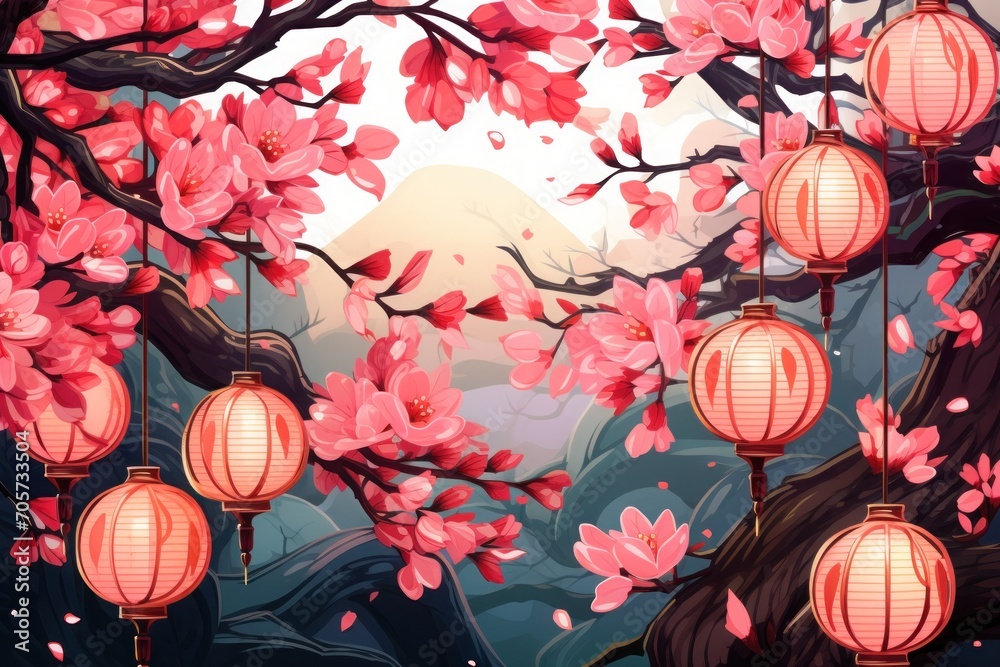 chinese new year background with colorful lanterns and  flowers petal