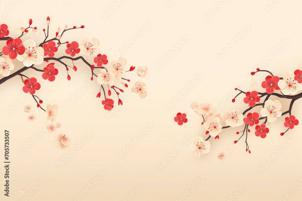 Naklejka premium chinese new year background with colorful lanterns and flowers petal