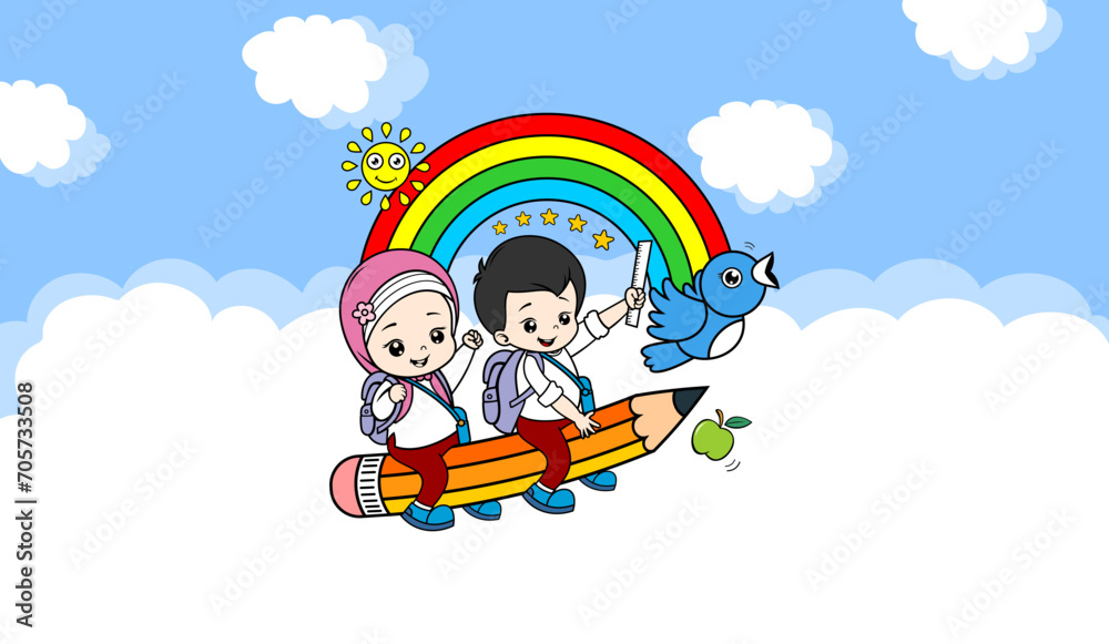 Illustration of school children, happy back to school. Cute cartoon character. Little boy holding stationery, rainbow, sun and flying birds. Template for design, Graphic vector illustration