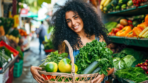 Eine Frau kauft Gemüse und Obst für Veganer und Vegetarische Gerichte.  photo