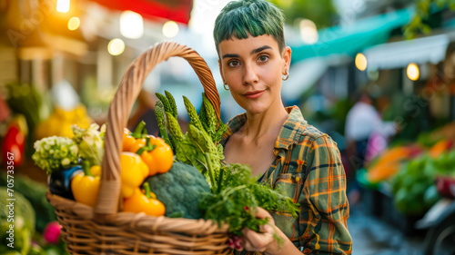 Eine Frau mit grünen Haaren kauft Obst und Gemüse auf einem Bauernmarkt ein für Veganer Essen. Vegan und Vegetarisch.