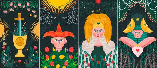 modern deck of tarot cards. prediction or fortune telling of the future and fate, mystical characters. printing on clothes or fabric