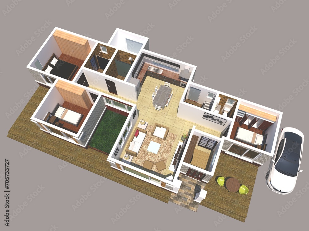 illustration of a house, 3d rendering plan and layout of a modern single house, isometric