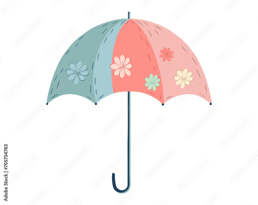Colorful umbrella with flowers. Spring umbrella isolated on white. Umbrella hand drawn