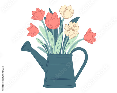 Cute watering can with flowers. Gardening equipment. Botanical, spring design element, sticker