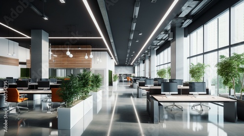 Contemporary Workplace Vibe  Modern Office Interior with Blurred Background  Technology Integration  and Professional Workspaces