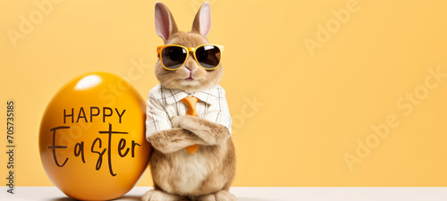 Funny happy easter concept holiday animal greeting card - Cool Easter bunny with sunglasses leans on a large painted yellow easter egg with text on table