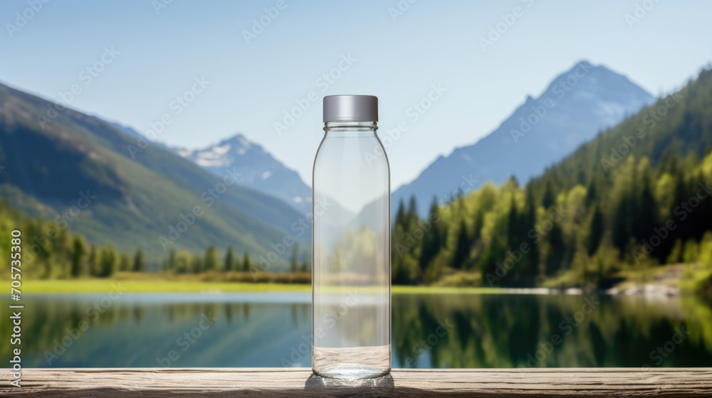 Glass bottle with pure mineral water on the background of mountains and mountain lake - obrazy, fototapety, plakaty 