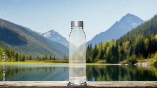 Glass bottle with pure mineral water on the background of mountains and mountain lake